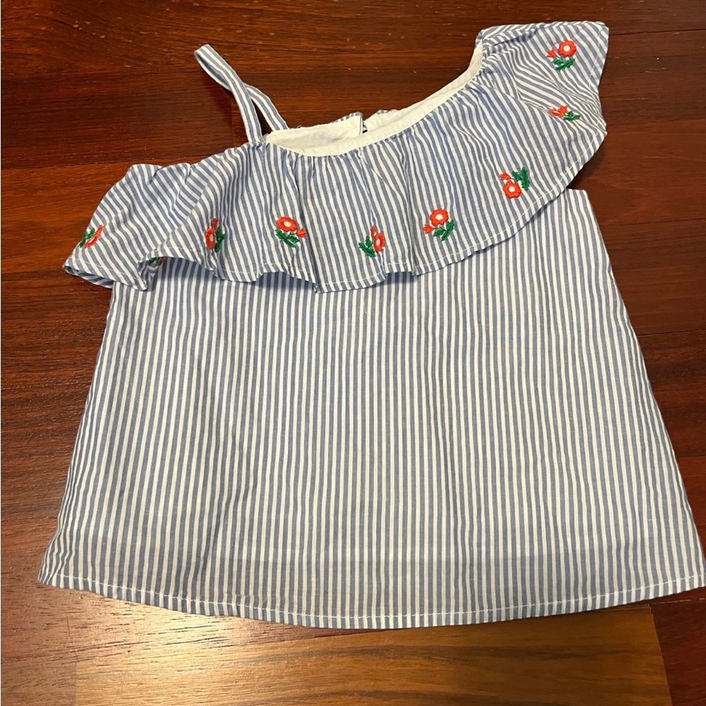 Blue Striped Off-Shoulder Top with Floral Embroidery